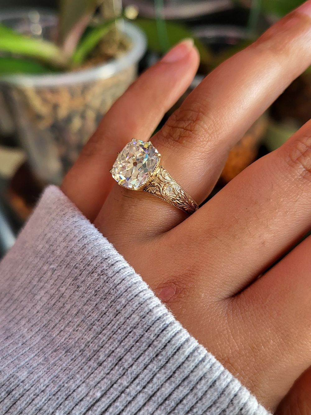14K Yellow Gold Old Mine Cushion Cut Moissanite Engagement Ring
